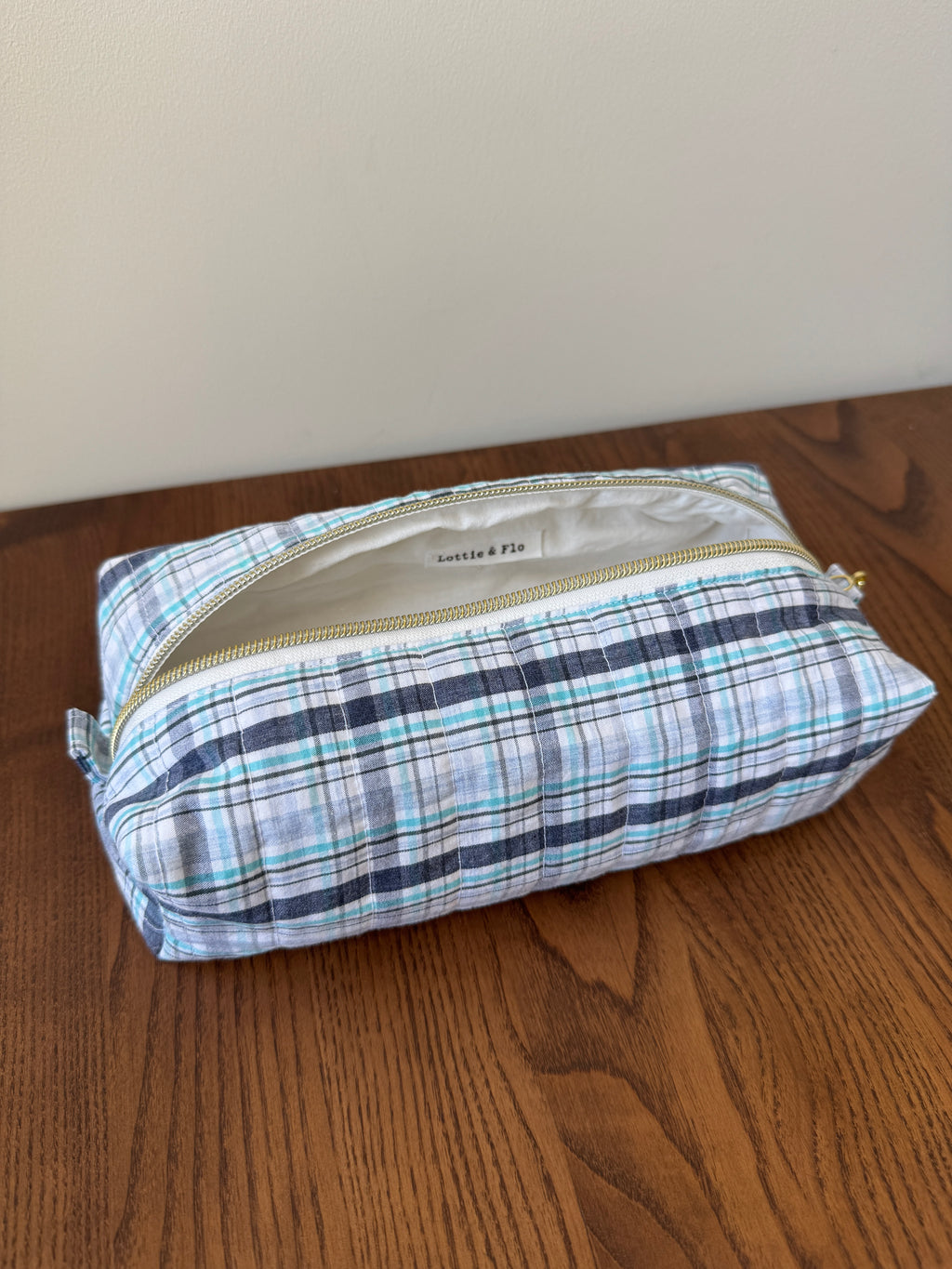 Boxy Zipper Pouch - Navy & Teal Plaid