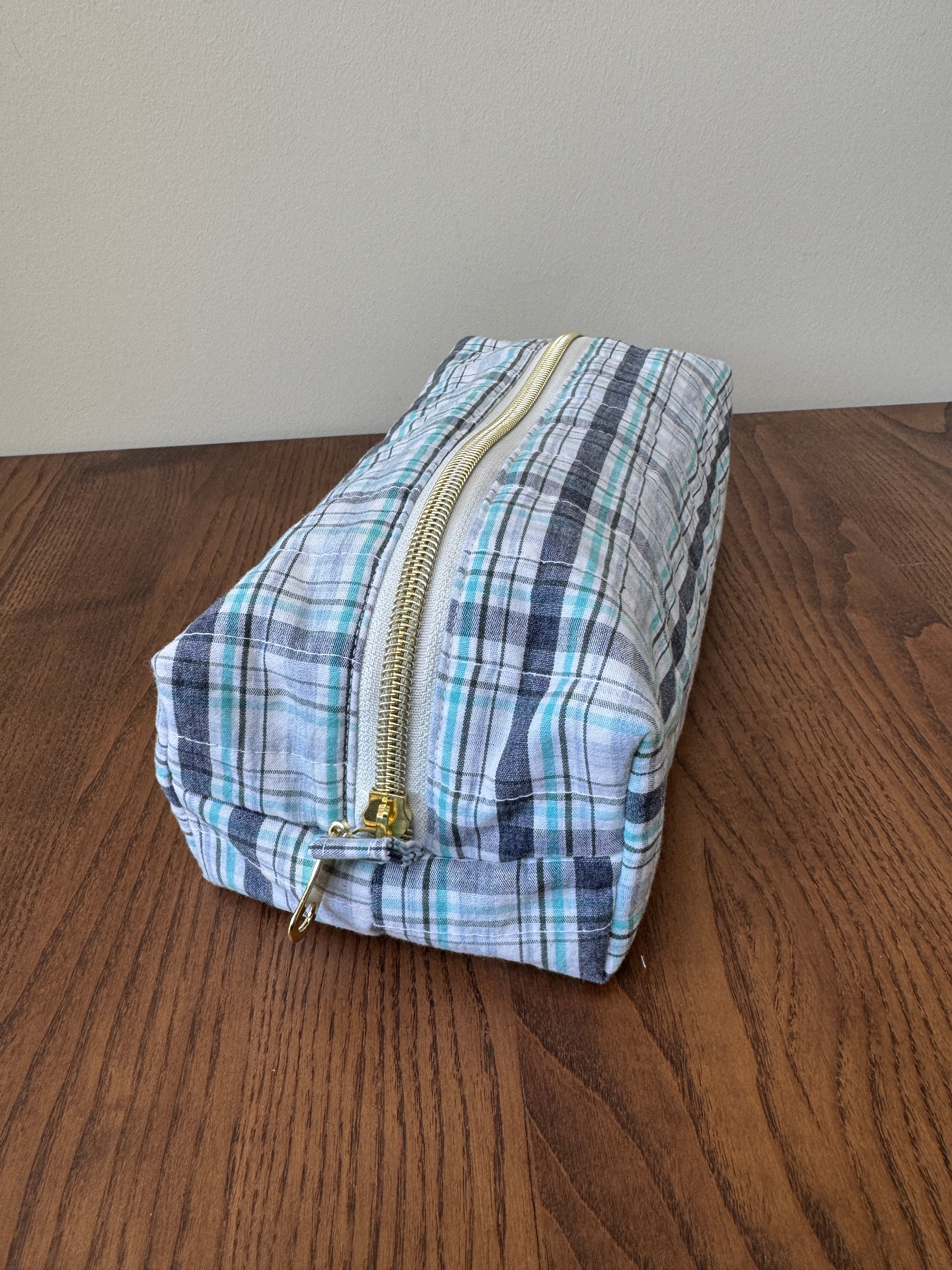 Boxy Zipper Pouch - Navy & Teal Plaid