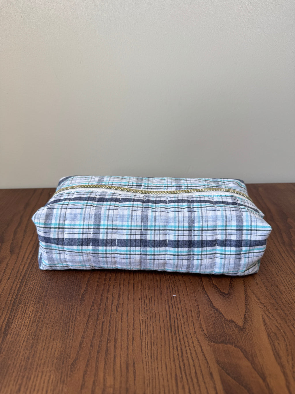 Boxy Zipper Pouch - Navy & Teal Plaid