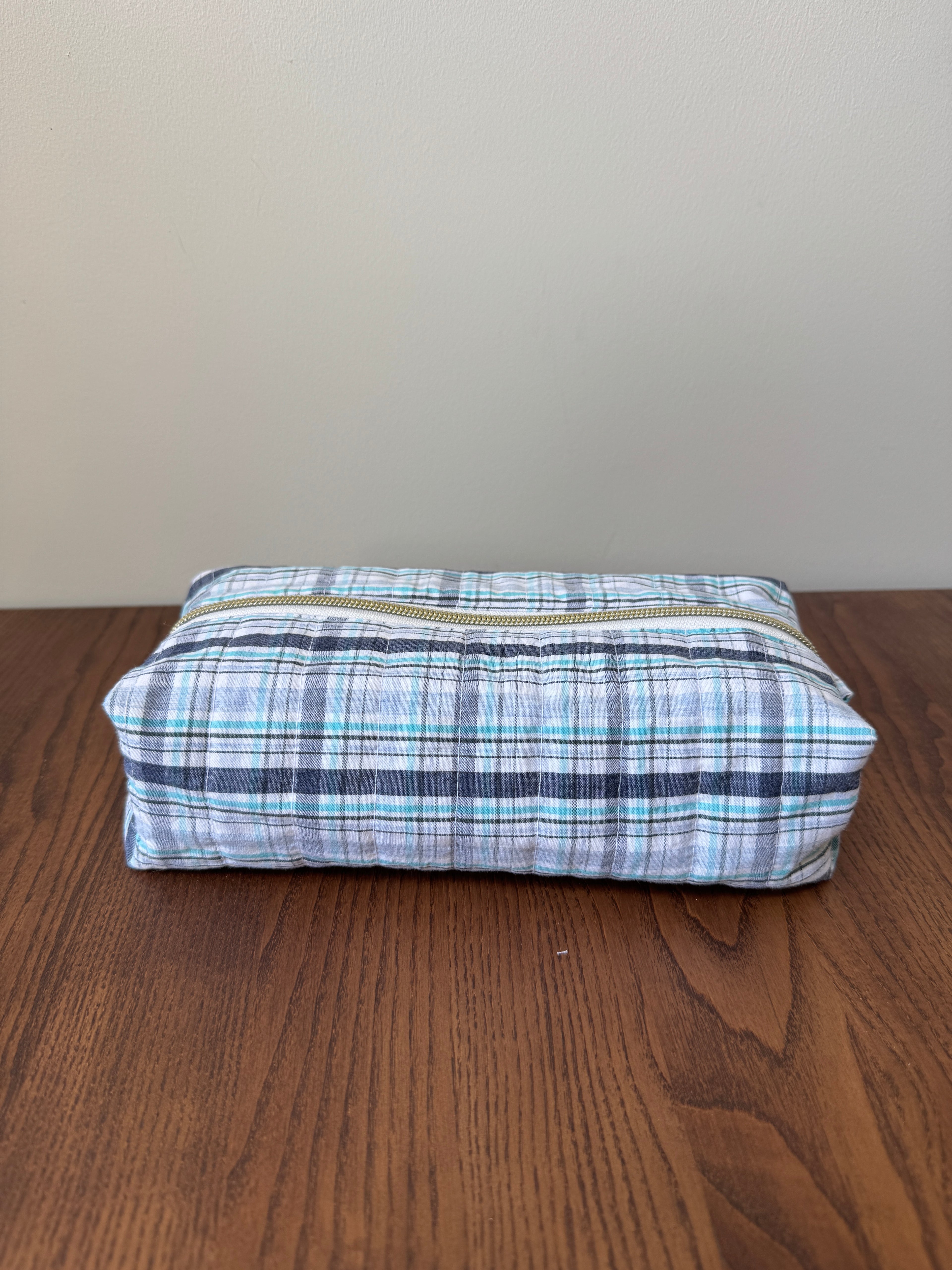Boxy Zipper Pouch - Navy & Teal Plaid