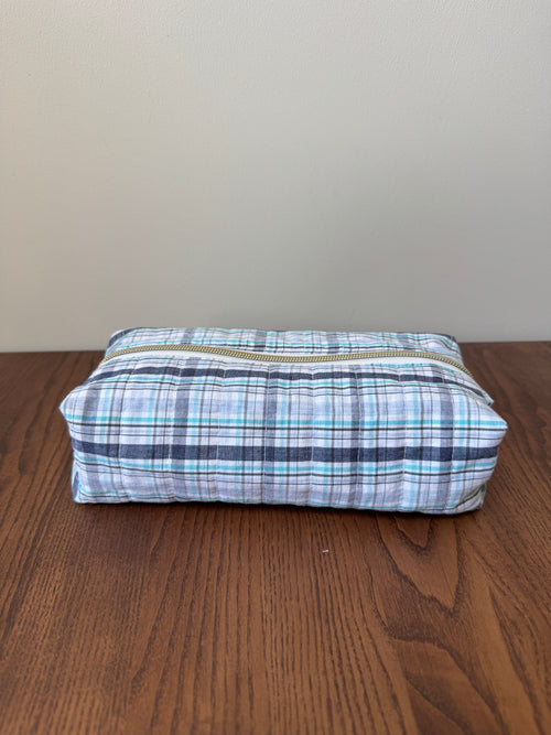 Boxy Zipper Pouch - Navy & Teal Plaid