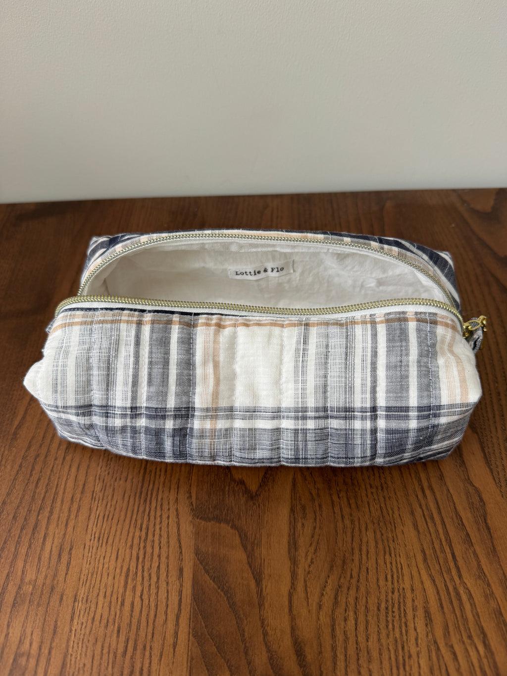 Boxy Zipper Pouch - Charcoal & Tan Plaid