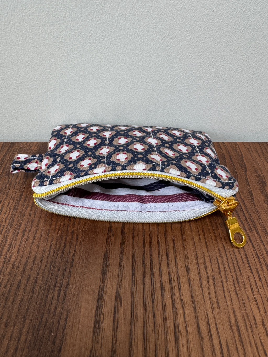 Coin Purse - Navy with Tan White & Burgundy shapes