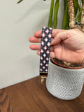 Keychain Wrislet - Navy with Tan White & Burgundy Shapes