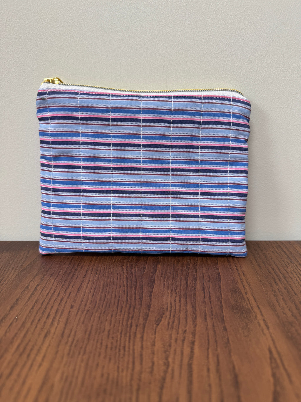 Small Zipper Pouch - Blue & Pink Pinstripe (Horizontal)