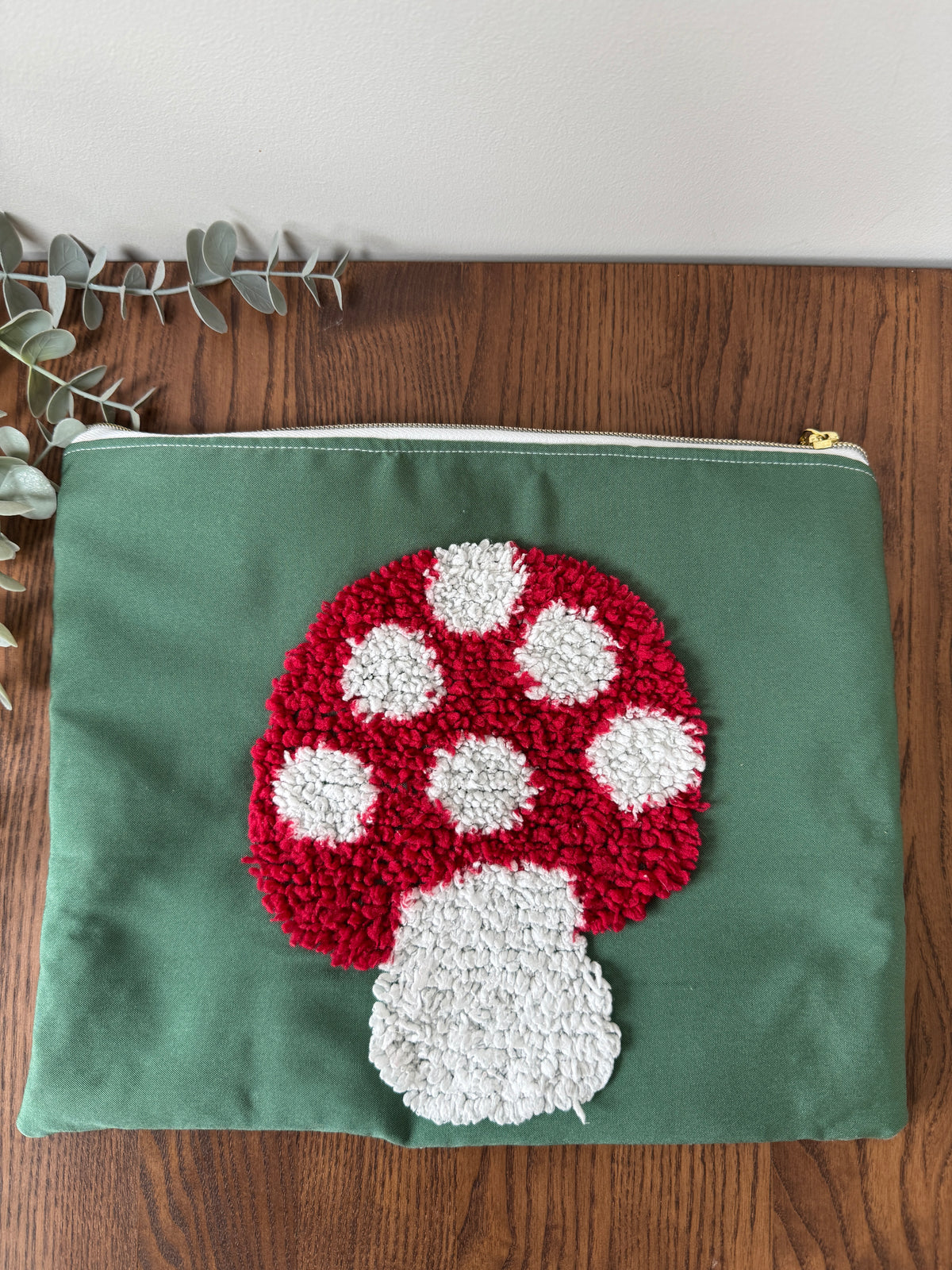 Large (iPad) Tufted Zipper Pouch - Red Toadstool on Green
