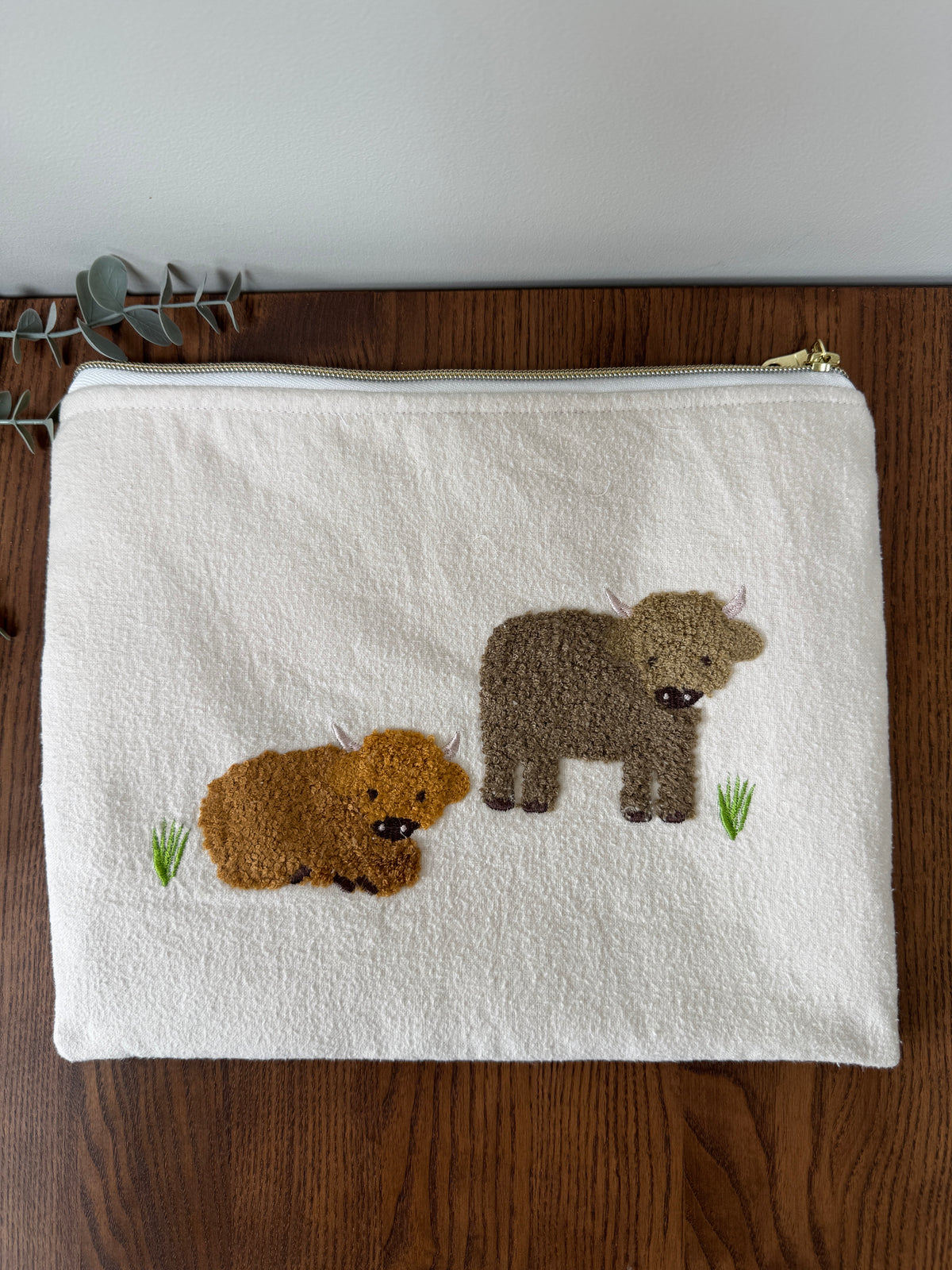 Large (iPad) Tufted Zipper Pouch - Two Tufted Highland Cows